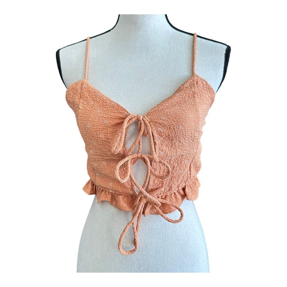 Eclair Womens Crop Top Tank Orange Print Seersucker Tie Front Boho Sleeveless S